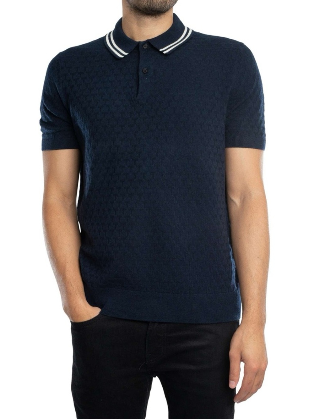 TED BAKER Short Sleeve Textured Knit Polo Shirt Men’s Size 4 Navy‎
